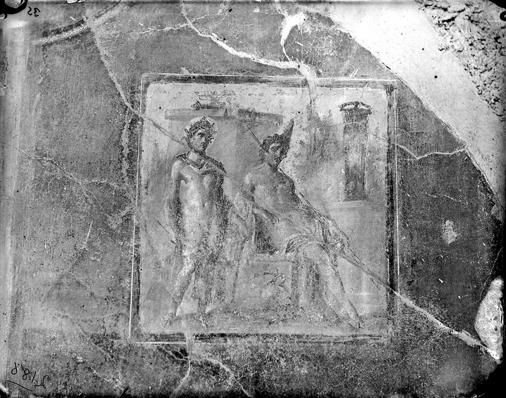 VII.4.31/51 Pompeii. 1871. Room 12, oecus. Photo of wall painting on east wall.
A seated Cyparissus is on the right with a stag by his side, and Apollo standing on the left.
Photo from J. H. Parker Collection, ref. Parker.2186 (inv.194). Italia.
Courtesy of American Academy in Rome, Photographic Archive.