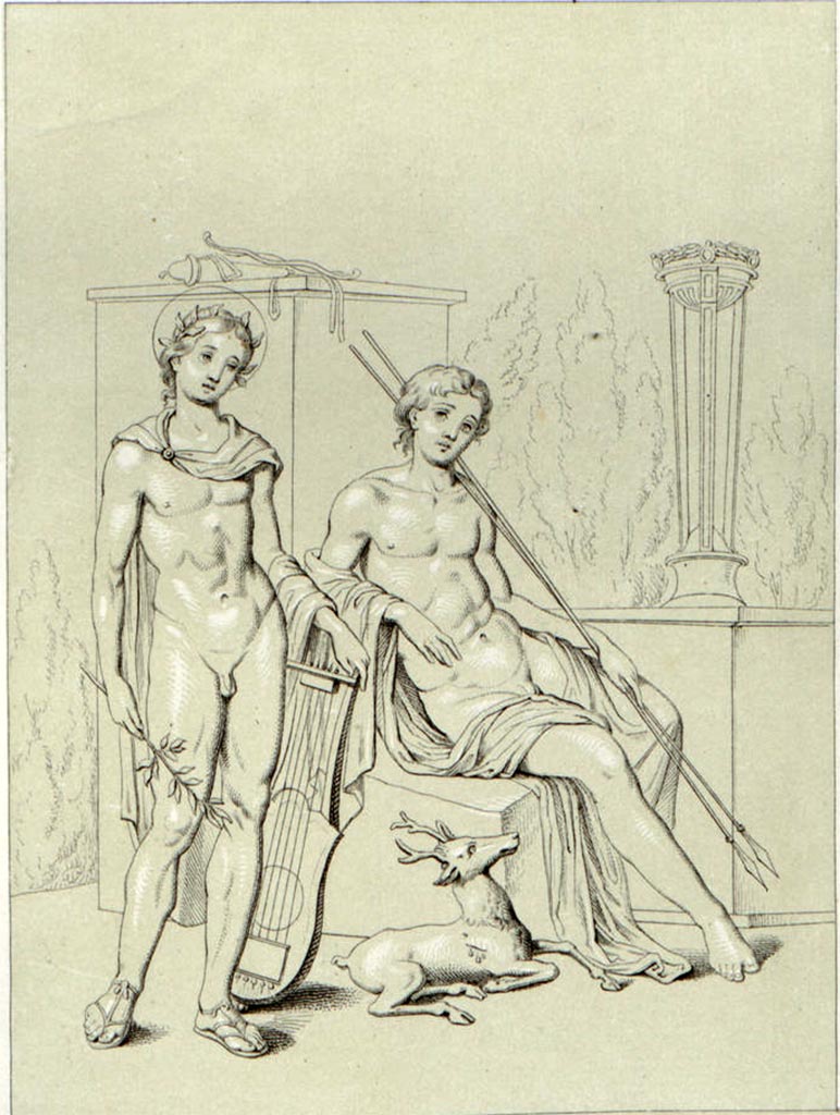 VII.4.31/51 Pompeii.
Drawing by Abbate of a seated Cyparissus, on the right with a stag by his side, and Apollo standing on the left.
See Niccolini, F., 1854. Le Case ed i Monumenti di Pompei: Book 1, Casa dei Capitelli Colorati, Tav. III.