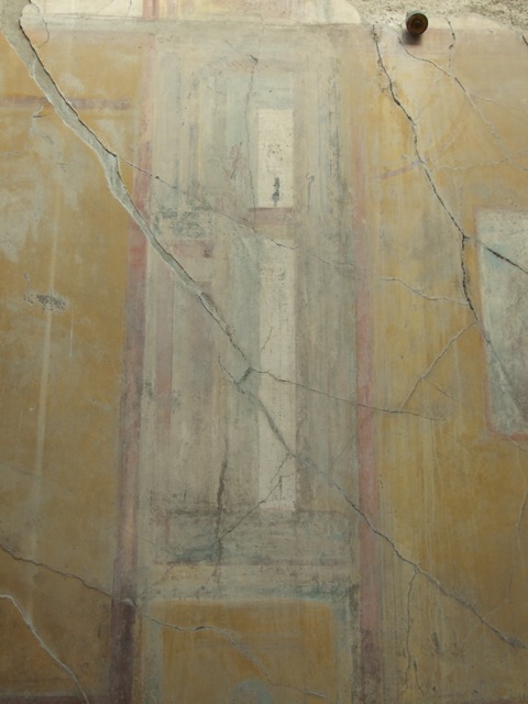 VII.4.31 Pompeii. March 2009. Room 12. Oecus. Upper part of South Wall, with stucco and remains of vaulted ceiling.