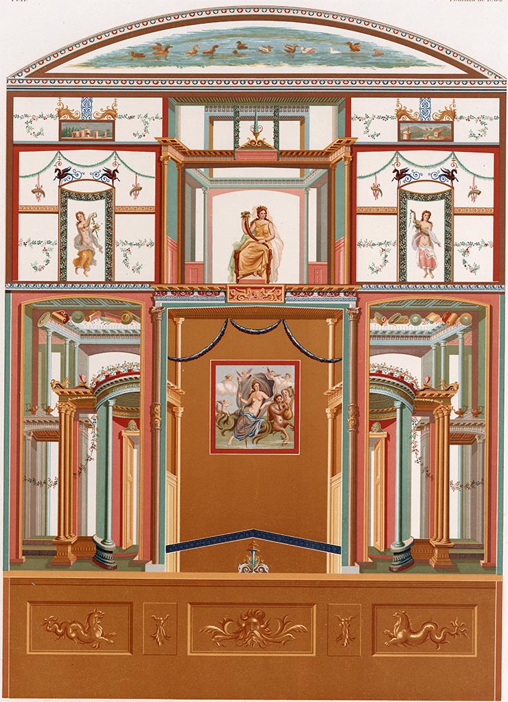 VII.4.31 Pompeii. c.1888.
Room 12, painting by D’Amelio showing south wall of oecus, but described as being from tablinum.
See D’Amelio P., 1886. Dipinti Murali di Pompei. Naples: Richter. Pl. IV.