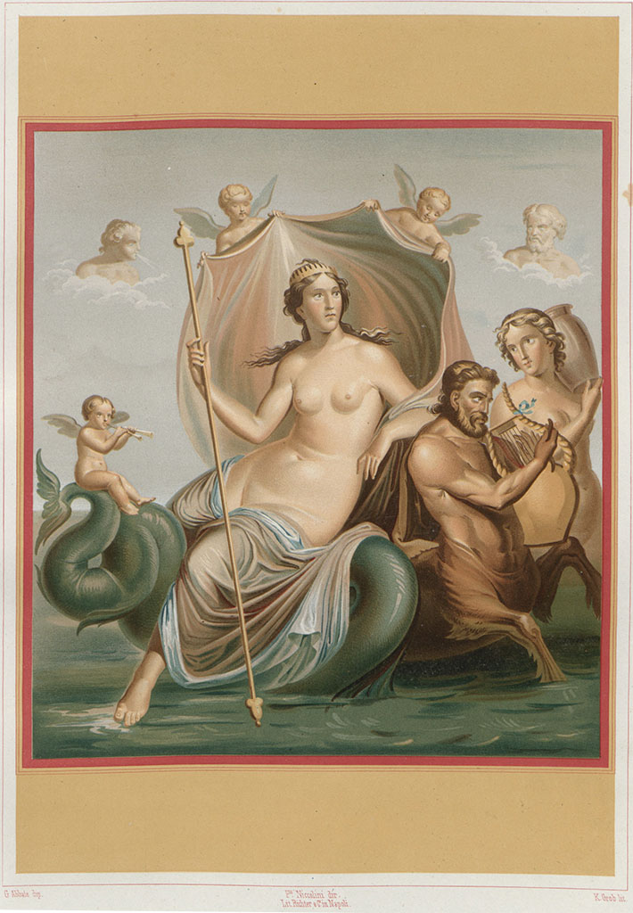 VII.4.31 Pompeii. Painting by Abbate which according to Niccolini, is a painting of Galatea.
See Niccolini F, 1854. Le case ed i monumenti di Pompei: Volume Primo. Napoli, Casa detta dei Capitelli Colorati. p.4, Tav. IV.