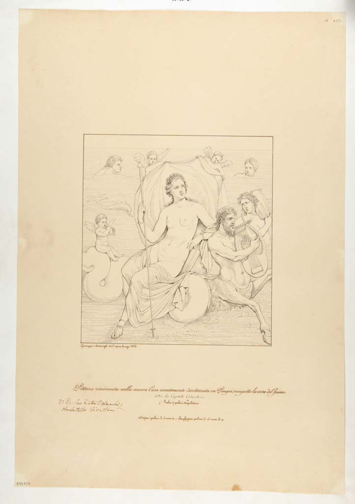VII.4.31/51 Pompeii. Drawing by Giuseppe Marsigli, 1833, of a painting recently found in this house showing Venus on a sea creature between cupids and water divinities.
See Helbig, W., 1868. Wandgemälde der vom Vesuv verschütteten Städte Campaniens. Leipzig: Breitkopf und Härtel, (308).
Now in Naples Archaeological Museum. Inventory number ADS 575.
Photo © ICCD. http://www.catalogo.beniculturali.it
Utilizzabili alle condizioni della licenza Attribuzione - Non commerciale - Condividi allo stesso modo 2.5 Italia (CC BY-NC-SA 2.5 IT)