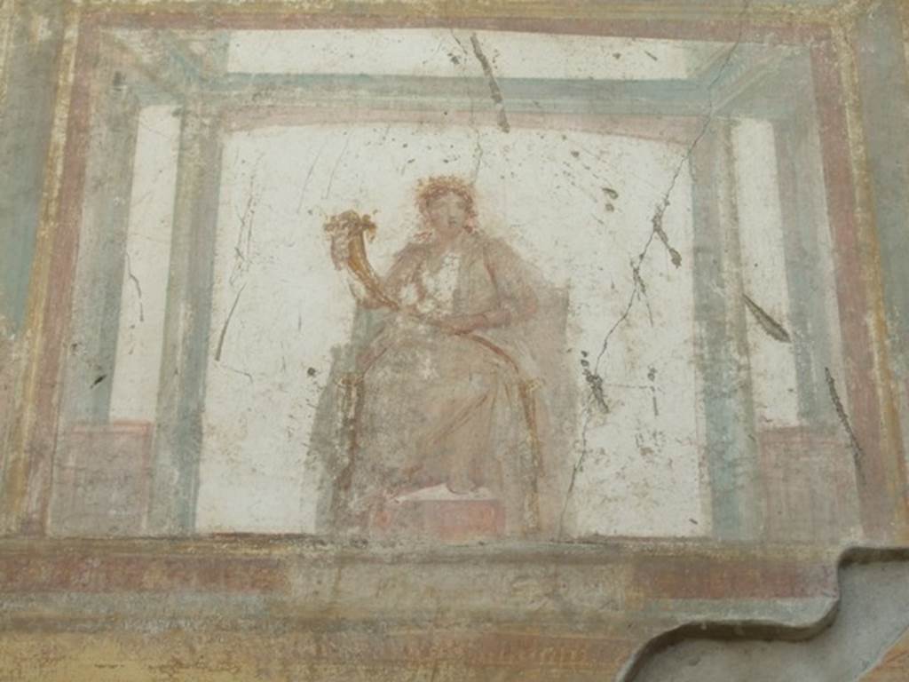 VII.4.31 Pompeii. March 2009. Room 12. Oecus. South wall. Painted figure of Abundance.See Helbig, W., 1868. Wandgemälde der vom Vesuv verschütteten Städte Campaniens. Leipzig: Breitkopf und Härtel. 945.