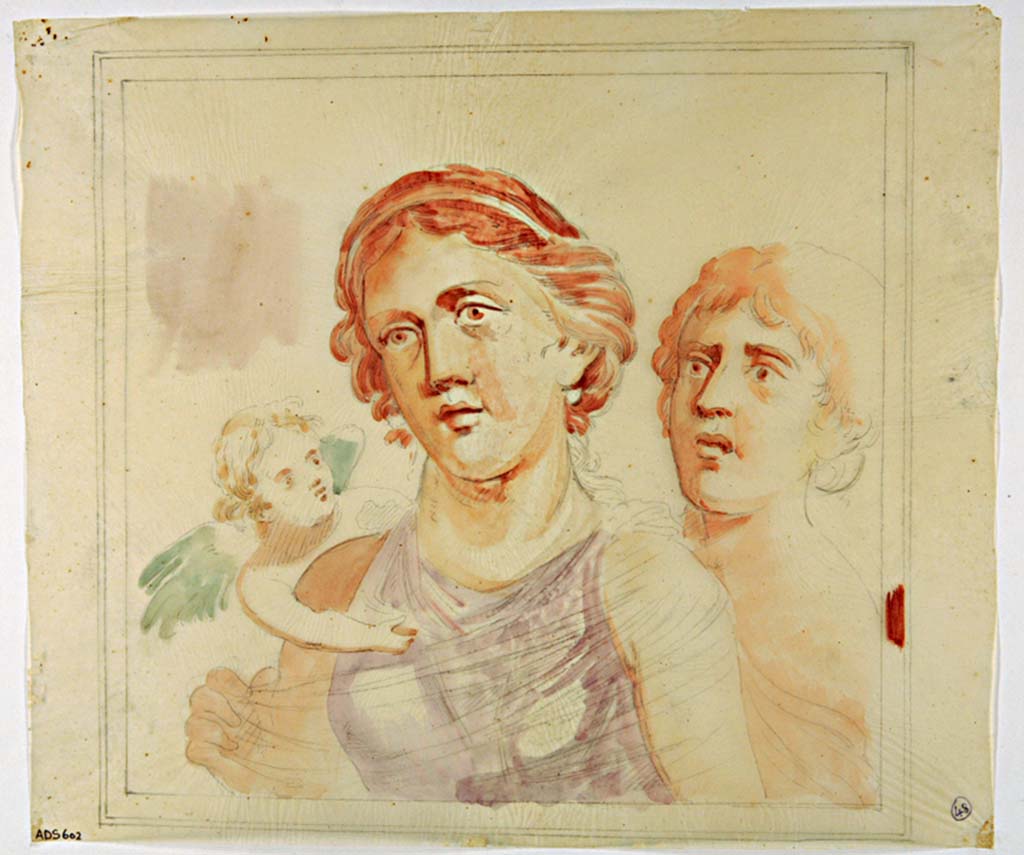 VII.4.31/51 Pompeii. Painting by Antonio Ala showing detail from a wall in room 12, now faded.
The female figures and cupid have been interpreted as Helen and the nurse.
This may be the painting in the centre of the west wall at its south end, see above.
See Helbig, W., 1868. Wandgemälde der vom Vesuv verschütteten Städte Campaniens. Leipzig: Breitkopf und Härtel, (1428).
Now in Naples Archaeological Museum. Inventory number ADS 602.
Photo © ICCD. http://www.catalogo.beniculturali.it
Utilizzabili alle condizioni della licenza Attribuzione - Non commerciale - Condividi allo stesso modo 2.5 Italia (CC BY-NC-SA 2.5 IT)