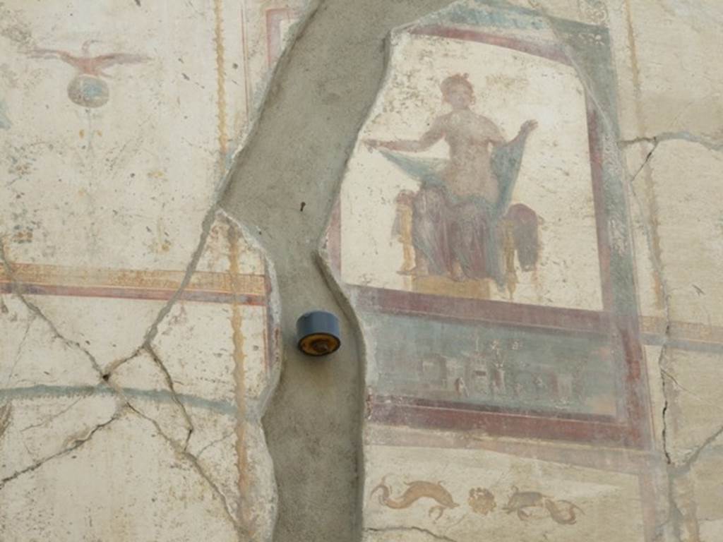 VII.4.31 Pompeii. March 2009. Room 12. Oecus. West wall. Painted figure of Danae. See Helbig, W., 1868. Wandgemälde der vom Vesuv verschütteten Städte Campaniens. Leipzig: Breitkopf und Härtel. 117b.