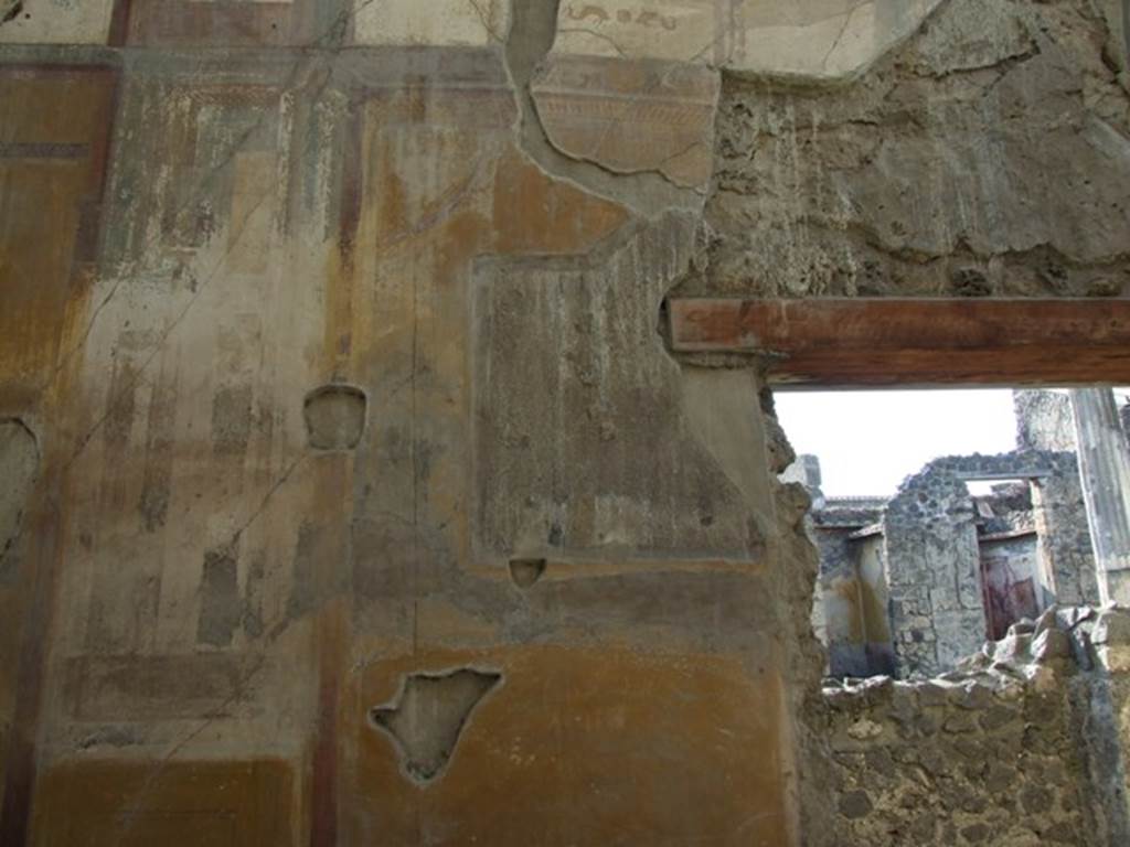 VII.4.31 Pompeii. March 2009. Room 12, west wall of oecus. Wall painting of Perseus and Andromeda, portrayed as a pair of lovers. Central panel cut out and taken to Naples Museum. Inventory Number 8996.