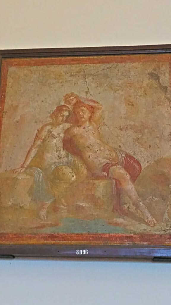 VII.4.31/51 Pompeii. Room 12, wall painting found on west wall of oecus.
According to information card in Museum –
“Perseus and Andromeda are seated in amorous abandon despite the fact that the young man holds up (in such a way as to not meet its deathly gaze) the severed head of the Gorgon.”
Now in Naples Archaeological Museum, inv. no. 8996. Photo courtesy of Giuseppe Ciaramella, November 2018.