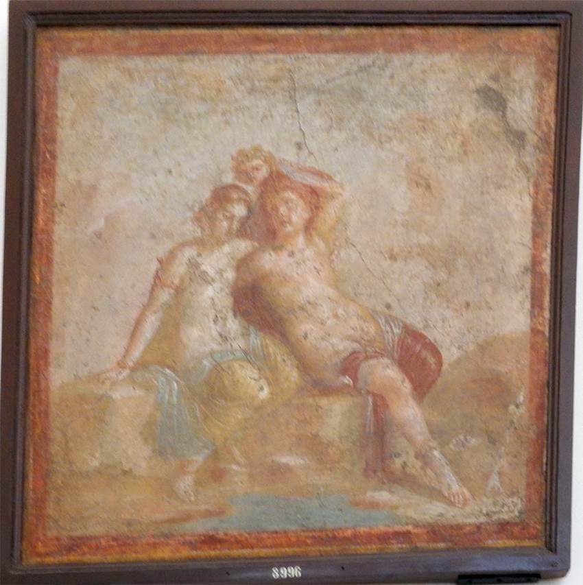 VII.4.31/51 Pompeii. May 2016. Room 12, west wall of oecus. Wall painting of Perseus and Andromeda portrayed as a pair of lovers.
Now in Naples Archaeological Museum. Inventory Number 8996.
Photo courtesy of Buzz Ferebee.