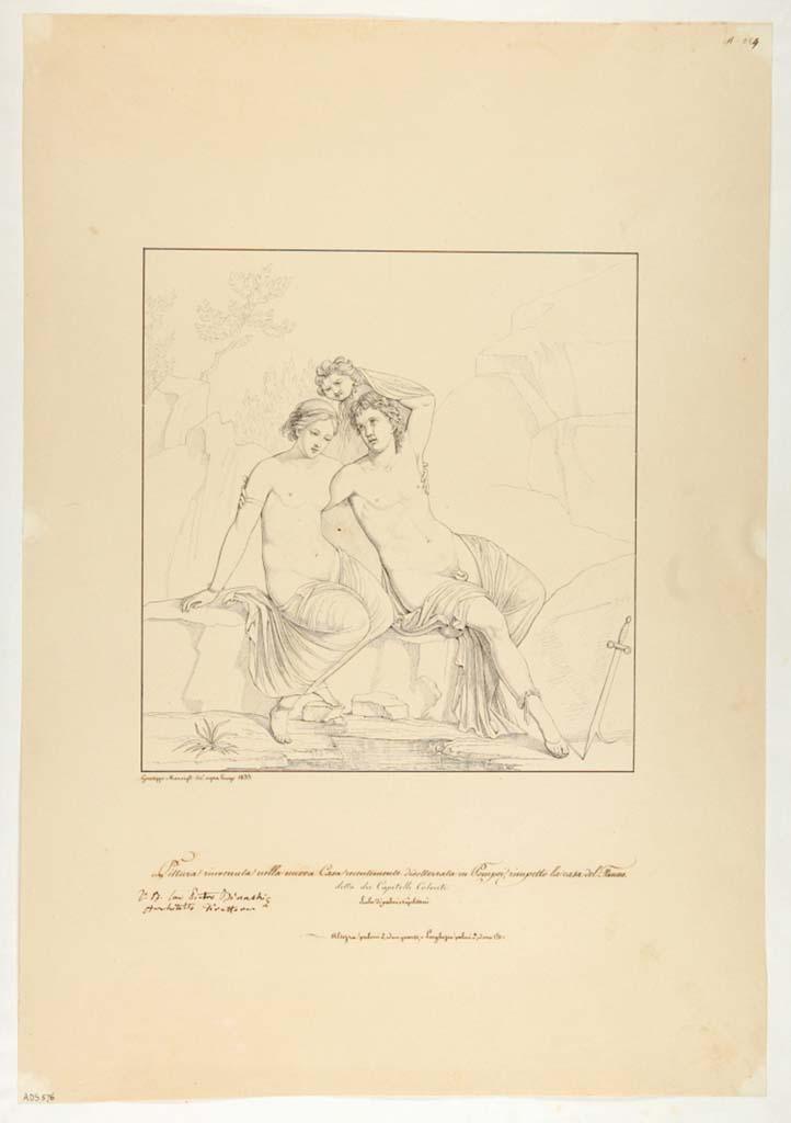 VII.4.31/51 Pompeii. Drawing by Giuseppe Marsigli, 1833, of a painting then recently found in this house showing Perseus and Andromeda.
Now in Naples Archaeological Museum. Inventory number ADS 576.
Photo © ICCD. http://www.catalogo.beniculturali.it
Utilizzabili alle condizioni della licenza Attribuzione - Non commerciale - Condividi allo stesso modo 2.5 Italia (CC BY-NC-SA 2.5 IT)
The original wall painting is now in Naples Archaeological Museum, inventory number 8996.