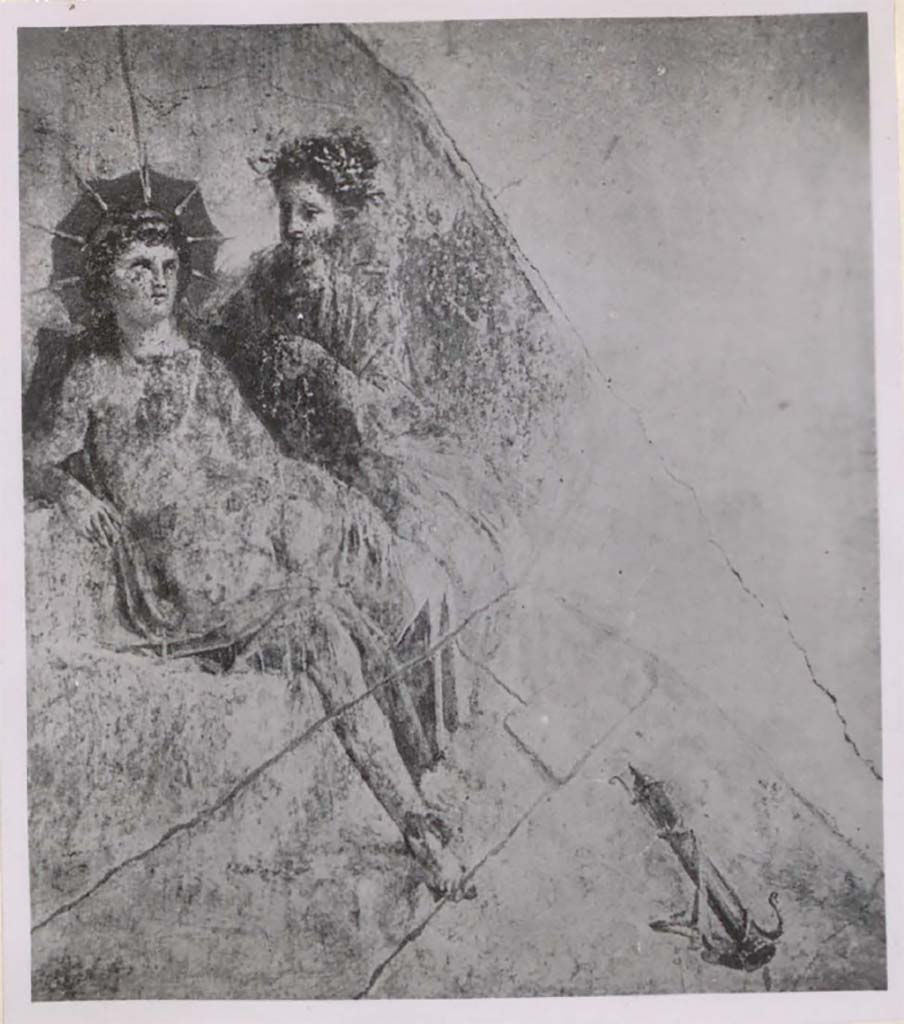 VII.4.31/51 Pompeii. Pre-1943. Painting of Helios and Rhodos.
Conserved in part and taken to Naples Archaeological Museum, inventory number 9537.
Helbig and PPM write that this painting was from the south wall.
Whereas. according to Warscher, it was from the middle of the north wall.
See Warscher, T. 1942. Catalogo illustrato degli affreschi del Museo Nazionale di Napoli. Sala LXXXII. Vol.4. Rome, Swedish Institute.