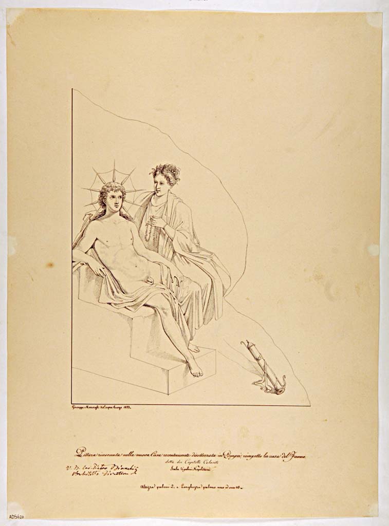 VII.4.31/51 Pompeii. Room 20, south wall of oecus. Drawing by Giuseppe Marsigli, 1833, showing Helios and Rhodos.
Now in Naples Archaeological Museum. Inventory number ADS 620.
Photo © ICCD. http://www.catalogo.beniculturali.it
Utilizzabili alle condizioni della licenza Attribuzione - Non commerciale - Condividi allo stesso modo 2.5 Italia (CC BY-NC-SA 2.5 IT)
This painting was detached from the south wall and taken to Naples Archaeological Museum, inventory number 9537.
See Helbig, W., 1868. Wandgemälde der vom Vesuv verschütteten Städte Campaniens. Leipzig: Breitkopf und Härtel, (969).