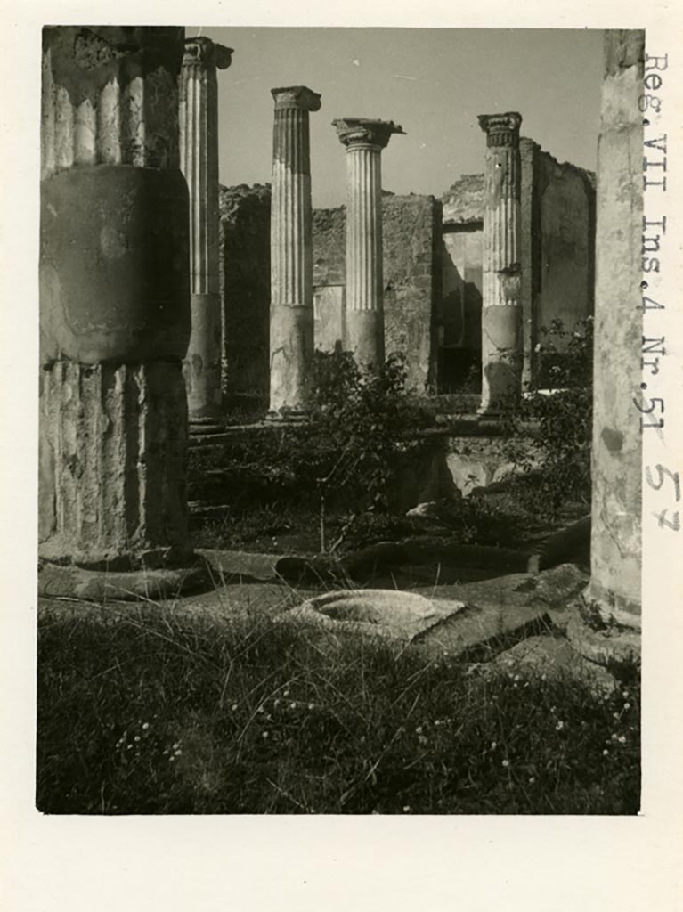 VII.4.31/51 Pompeii but shown as VII.4.57 on photo. Pre-1937-39.
Looking across middle peristyle towards north-west corner.
Photo courtesy of American Academy in Rome, Photographic Archive. Warsher collection no. 1461.