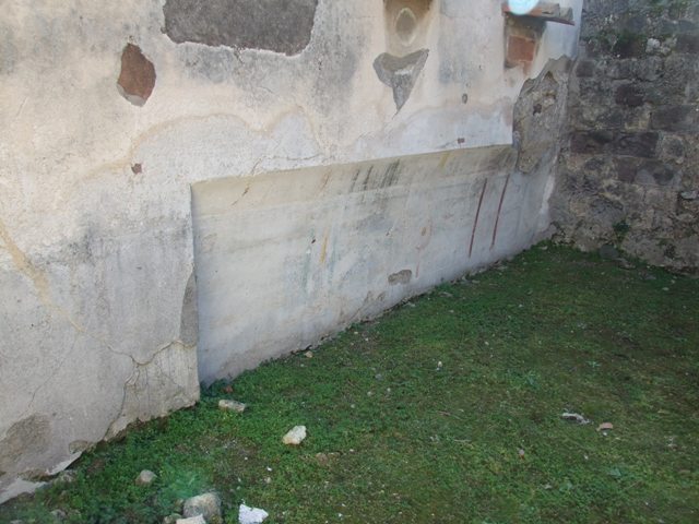 VII.4.31 Pompeii. March 2009. Room 20, remains of decorative border on east wall of oecus.