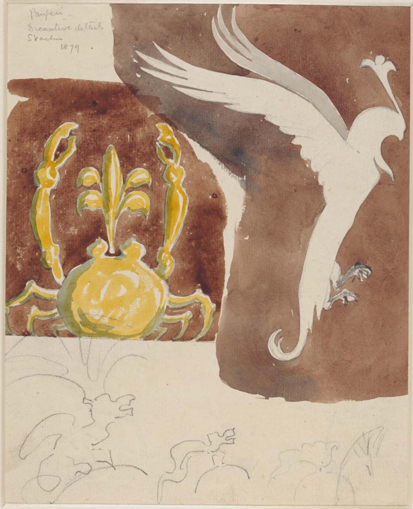 VII.4.31/51 Pompeii. 1879. Room 22, zoccolo of north wall, painting by Sydney Vacher of a crab and parrot.
Photo © Victoria and Albert Museum, inventory number E.4420-1910.