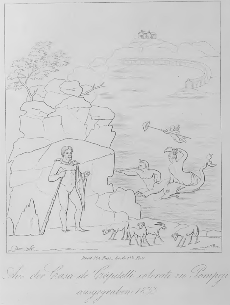 VII.4.31/51 Pompeii. 1842.
Room 22, west wall. Drawing of the central wall painting of Polyphemus, looking out to sea at his beloved Galatea.
Now in Naples Museum. Inventory number 8886.
See Zahn, W., 1842. Die schönsten Ornamente und merkwürdigsten Gemälde aus Pompeji, Herkulanum und Stabiae: II. Berlin: Reimer, Tav. 30.
