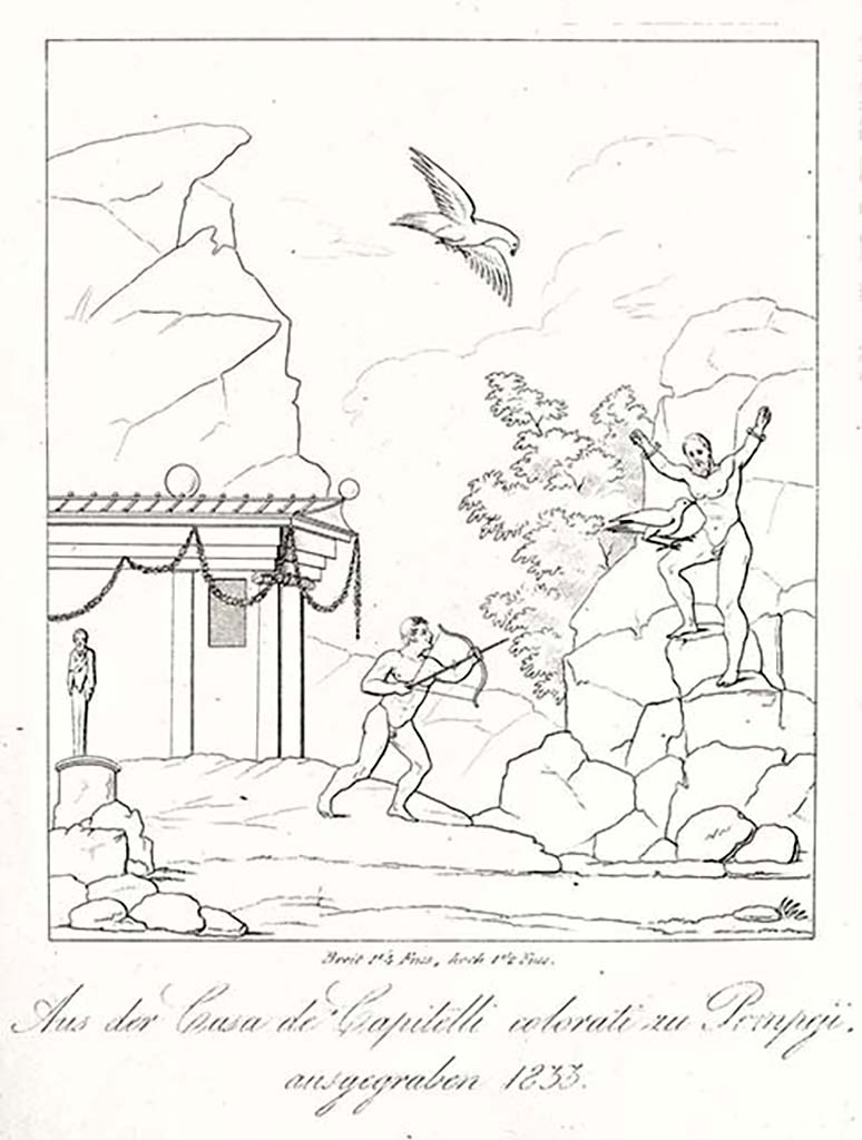 VII.4.31/51 Pompeii. 1842. Room 22, east wall.
Drawing of the central wall painting of Hercules rescuing Prometheus.
Now in Naples Museum. Inventory number 8849.
See Zahn, W., 1842. Die schönsten Ornamente und merkwürdigsten Gemälde aus Pompeji, Herkulanum und Stabiae: II. Berlin: Reimer, Tav. 30.