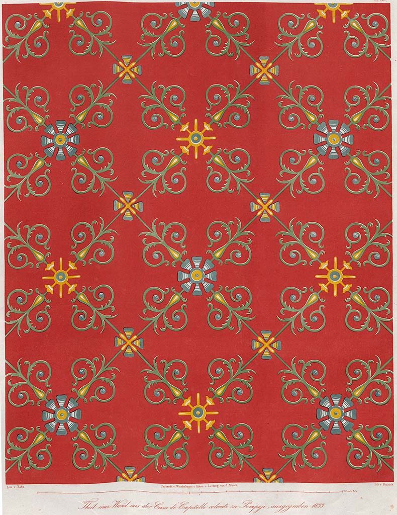VII.4.31/51 Pompeii. 1842 painting by Zahn of decoration on room 24, east wall.
See Zahn, W., 1842. Die schönsten Ornamente und merkwürdigsten Gemälde aus Pompeji, Herkulanum und Stabiae: II. Berlin: Reimer, Taf. 39.
According to PPM this shows the detail of the "wallpaper" decoration, from a drawing by Zahn.
The traces still visible in situ and the fragments found by the Australian Expedition to Pompeii during the cleaning of the cellar confirm the accuracy of Zahn's watercolour.
See Carratelli, G. P., 1990-2003. Pompei: Pitture e Mosaici: Vol. VI. Roma: Istituto della enciclopedia italiana, p. 1071 n. 108 (and n. 107 and n. 110).
According to Descoeudres, in the cellar were fragments of plaster probably discarded by earlier excavators which when overlaid on an enlarged actual size copy of Zahn's painting were a perfect match, as were the traces remaining on the wall.
See Descoeudres J-P., Ed., 1994. Pompeii Revisited: The life and death of a Roman town. Sydney: Meditarch, (fig.75, p. 119 and reconstruction of wall in fig. 81, p.127)