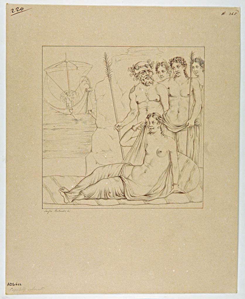 VII.4.31/51 Pompeii. Room 24, east wall.
Drawing by Serafino Mastracchio of painting of Arianna abandoned on Naxos.
Now in Naples Archaeological Museum. Inventory number ADS 622.
Photo © ICCD. https://www.catalogo.beniculturali.it
Utilizzabili alle condizioni della licenza Attribuzione - Non commerciale - Condividi allo stesso modo 2.5 Italia (CC BY-NC-SA 2.5 IT)
See Helbig, W., 1868. Wandgemälde der vom Vesuv verschütteten Städte Campaniens. Leipzig: Breitkopf und Härtel, (1234).
Kuivalainen describes –
“A composition of five main figures on the sea shore.…………………..”
Kuivalainen comments –
“The relationship to the scenes depicting a sleeping Ariadne above is obvious. The sequence of the events is tighter here: the sailing Theseus is not far from the shore, Ariadne is barely awake but already aware of his departure, and Bacchus with his companions have just arrived. The central position of Silenus, of equal height with the divinity, is rare.”
See Kuivalainen, I., 2021. The Portrayal of Pompeian Bacchus. Commentationes Humanarum Litterarum 140. Helsinki: Finnish Society of Sciences and Letters, p.153-4, E17.