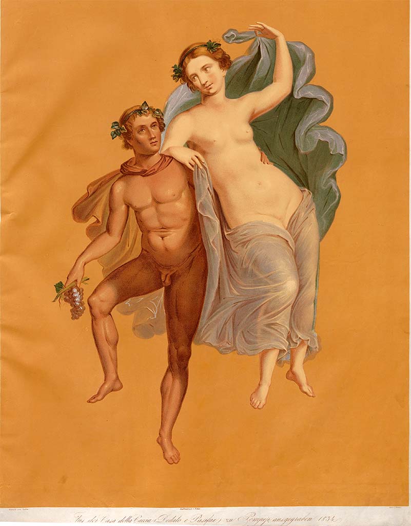 VII.4.48 Pompeii. c.1834. Painting by Zahn of a flying group perhaps representing Bacchus and Ariadne, or else Baccantes.
According to Zahn, this was found on the north wall of the exedra.
On the west wall would have been seen another flying group, counterpart to the above.
See Zahn, W., 1842-44. Die schönsten Ornamente und merkwürdigsten Gemälde aus Pompeji, Herkulanum und Stabiae: II. Berlin: Reimer, taf. 87, and plan of house on pl.80 for position of “f” and “g”.)