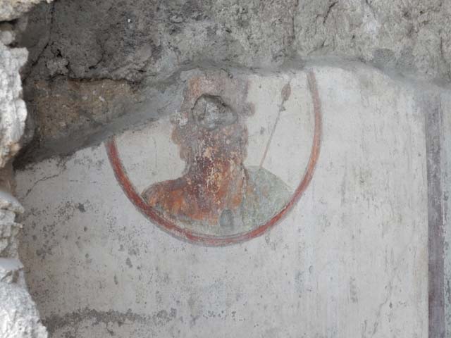 VII.4.48 Pompeii.  March 2009. Room 2. Atrium. North west corner and north wall, with remains of painted plaster.