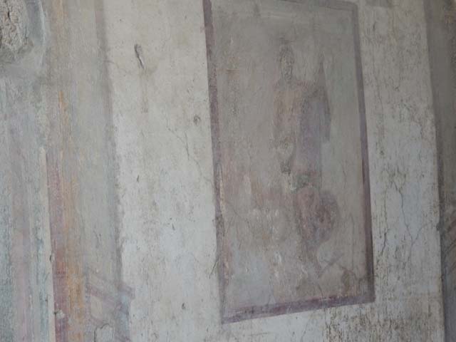 VII.4.48 Pompeii.  March 2009. Room 2.  Atrium. North wall. Painted plaster with faded decoration.