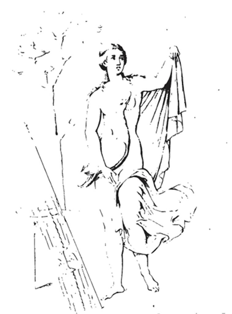 VII.4.48 Pompeii. About 1835. Room 14, centre panel of south wall of cubiculum. Sketch of wall painting of Leda and the swan. See Helbig, W., 1868. Wandgemälde der vom Vesuv verschütteten Städte Campaniens. Leipzig: Breitkopf und Härtel. (145). See also Real Museo Borbonico XI (Pl 21)