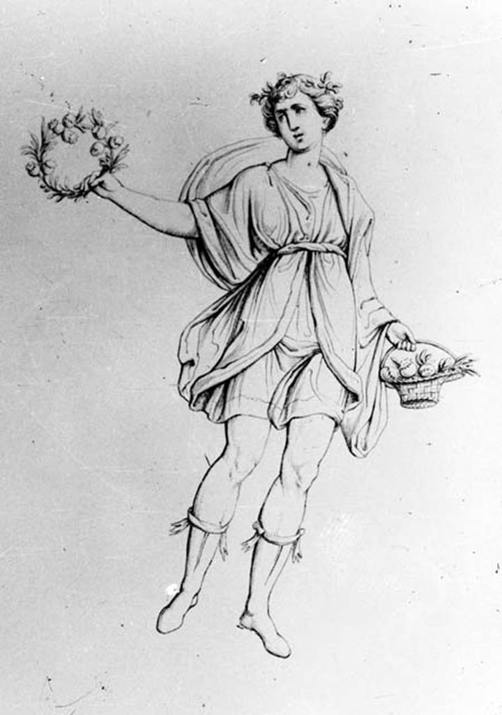 VII.4.48 Pompeii. Detail from W.20. Drawing of vignette of Autumn, from west wall of atrium. See Real Museo Borbonico, XII, 1839 Tav 18.
Photo by Tatiana Warscher. With kind permission of DAI Rome, whose copyright it remains.
See http://arachne.uni-koeln.de/item/marbilderbestand/230710