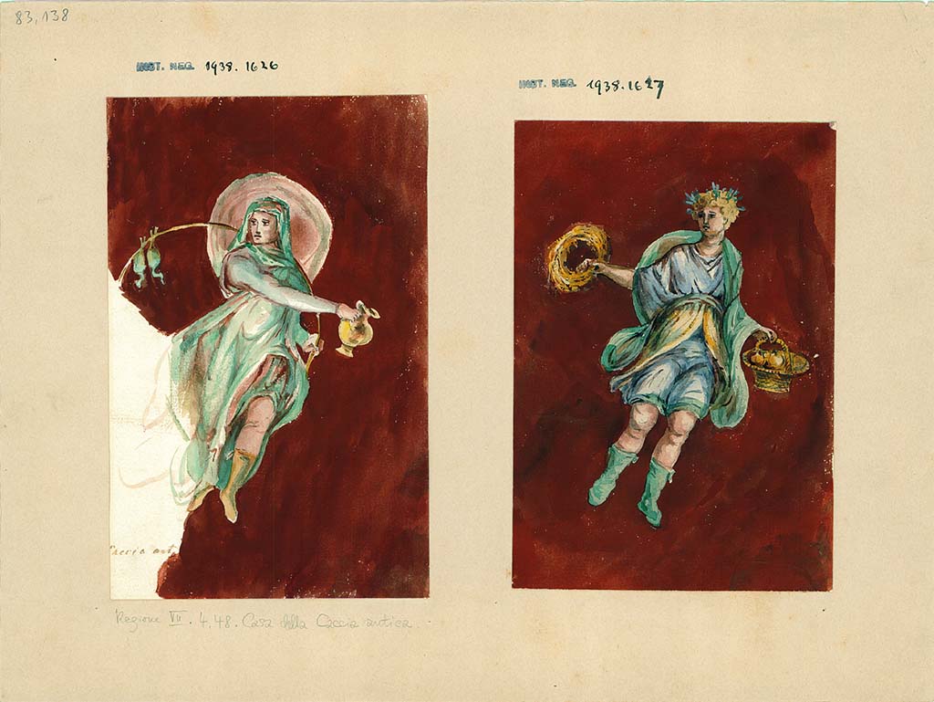 VII.4.48 Pompeii. Paintings from atrium walls showing Winter from north wall, on left, and Autumn from west wall, on right.
DAIR 83.138. Photo © Deutsches Archäologisches Institut, Abteilung Rom, Arkiv.