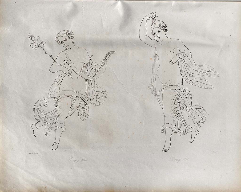 VII.4.48 Pompeii. Found 1839 and 1840, two feminine flying figures.
According to Zahn – “The figure found in November 1839 in a new house on the Strada della Fortuna, was painted on a red background, the clothing was yellow above and white below; the clothing on the left arm was violet.
The other figure with the fruits and carrying a branch in the right hand (perhaps this figure represents Summer or Autumn, belonging to the same house, and was painted on a yellow background.”
See Zahn, W., 1842-44. Die schönsten Ornamente und merkwürdigsten Gemälde aus Pompeji, Herkulanum und Stabiae: II. Berlin: Reimer, taf. 8.