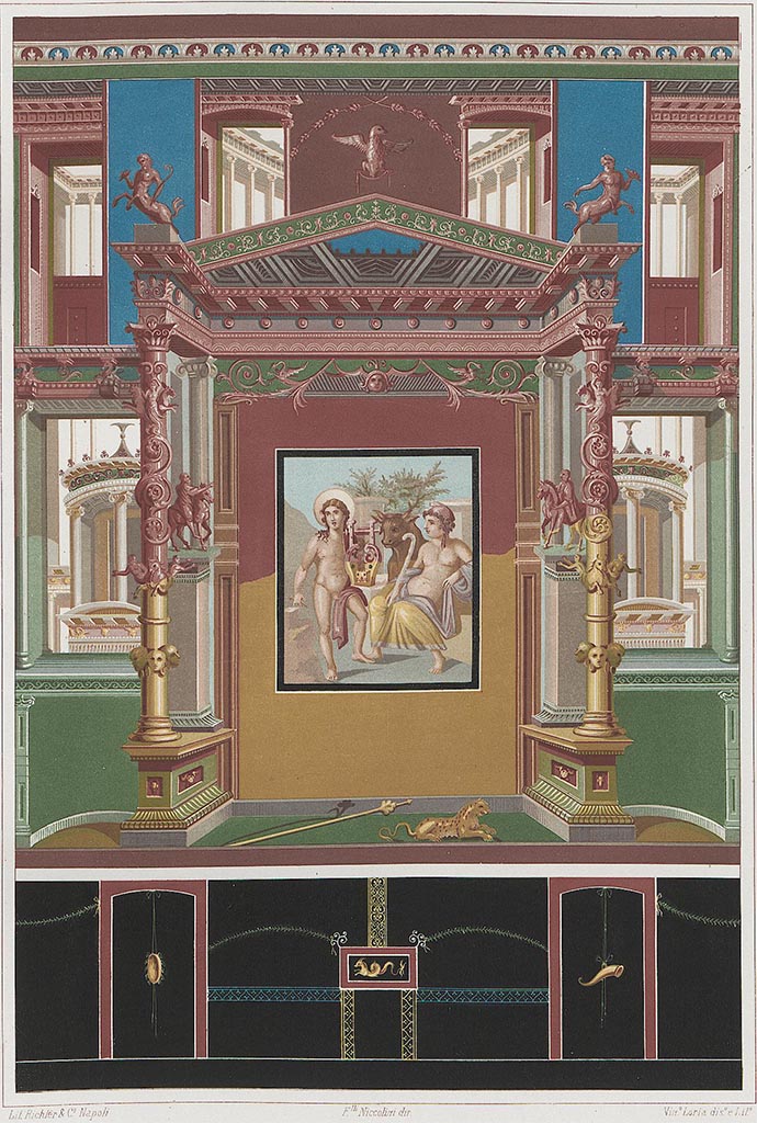 VII.4.48 Pompeii.
Wall painting by V. Loria showing centre of east wall of exedra and painting of Apollo.
(Note the zoccolo (lower wall) is from a different wall).
According to Niccolini –
“Everyone can imagine from this painting how grandiose the whole wall must have been, since this can certainly be judged from the part seen………”
See Niccolini F, 1862. Le case ed i monumenti di Pompei: Volume Secondo. Napoli, Descrizione Generale, tav. LIX.
