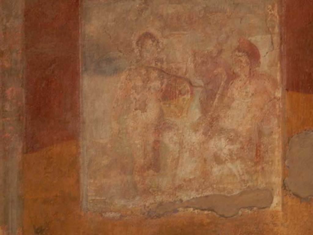 VII.4.48 Pompeii. May 2015. Room 18, detail of wall painting of Apollo from east wall of exedra. Photo courtesy of Buzz Ferebee.