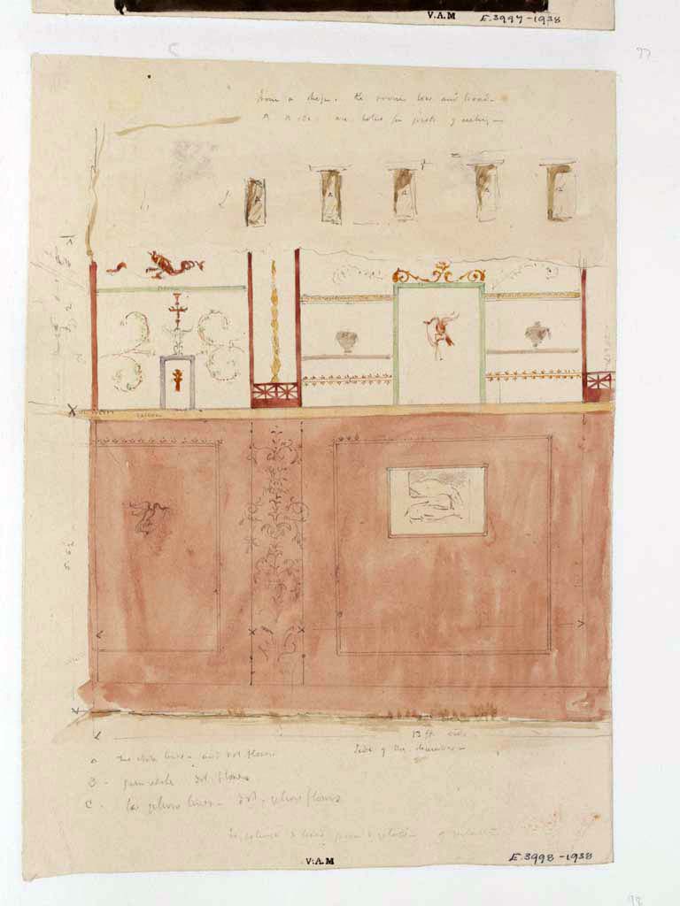 VII.4.49 Pompeii. c.1840�s. Painting/sketch by James William Wild showing a wall in a shop, described by him as �
�the room is low and broad, �a to a� are holes for joists for the ceiling. 13ft wide, side of chamber.
Photo � Victoria and Albert Museum, inventory number E.3998-1938.
Note: the drawing in the centre of the high red zoccolo would appear to be of two fish, the upper one being a cuttlefish. 
This would correspond with Fiorelli's description of a painting of a cuttlefish and a red mullet.
