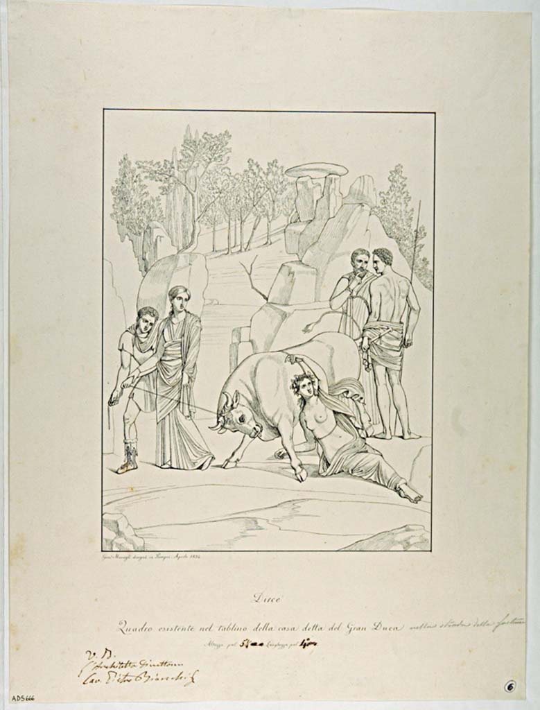 VII.4.56 Pompeii. Drawing by Giuseppe Marsigli, April 1834, of the Punishment of Dirce, from east wall of tablinum. 
Now in Naples Archaeological Museum. Inventory number ADS 666.
Photo � ICCD. http://www.catalogo.beniculturali.it
Utilizzabili alle condizioni della licenza Attribuzione - Non commerciale - Condividi allo stesso modo 2.5 Italia (CC BY-NC-SA 2.5 IT)
See Helbig, W., 1868. Wandgem�lde der vom Vesuv versch�tteten St�dte Campaniens. Leipzig: Breitkopf und H�rtel. (1551).
