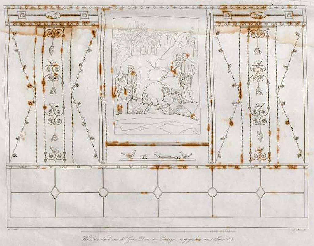 VII.4.56 Pompeii. 1842. Room 9, tablinum. Wall decoration by Zahn.
See Zahn, W., 1842. Die sch�nsten Ornamente und merkw�rdigsten Gem�lde aus Pompeji, Herkulanum und Stabiae: II. Berlin: Reimer, Taf. 3.
