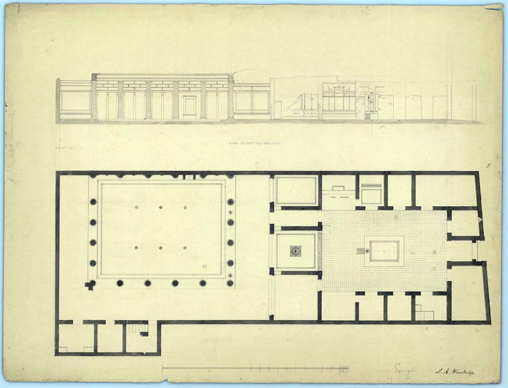 VII.4.57 Pompeii. 1849. Drawing by Laurits Albert Winstrup 1815-1889 of plan of the house.
At the top of the plan is a sketch of the west side of the house, showing decoration still visible on portico of peristyle, in tablinum, west ala and cubiculum 10, as well as detail of mosaic flooring.
Photo © Danmarks Kunstbibliotek, inventory number ark_6186a.
