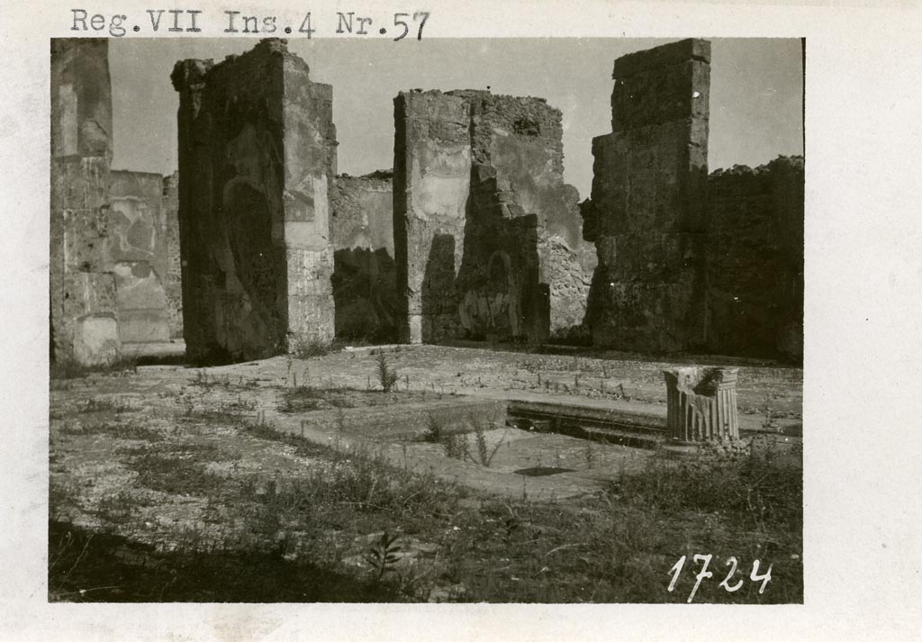 VII.4.57 Pompeii. Pre-1937-39.
Looking north-east across impluvium in atrium towards entrance doorway, on left, and to room 2, next to it.
Photo courtesy of American Academy in Rome, Photographic Archive. Warsher collection no. 1724.