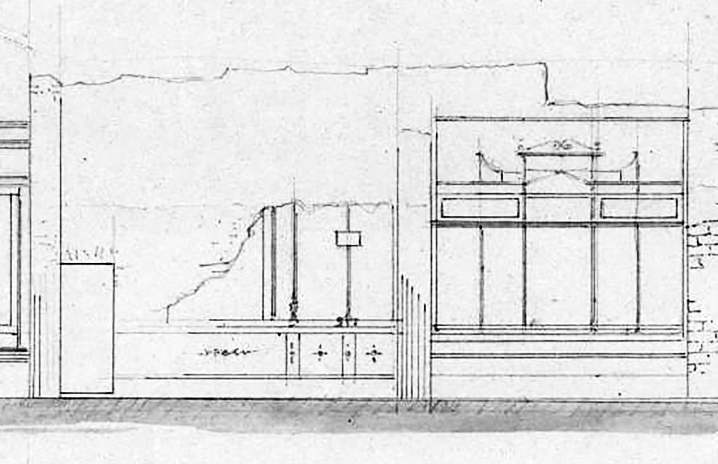 VII.4.57 Pompeii.
Room 7, looking west towards west wall of tablinum, on left, and west wall of west ala, on right, as drawn by Laurits Albert Winstrup.
Photo © Danmarks Kunstbibliotek, inventory number ark_6186a.
See Carratelli, G. P., 1990-2003. Pompei: Pitture e Mosaici. VII. (7). Roma: Istituto della enciclopedia italiana, (p.81)
(PPM and Avellino – room p, tablinum, room o, west ala).