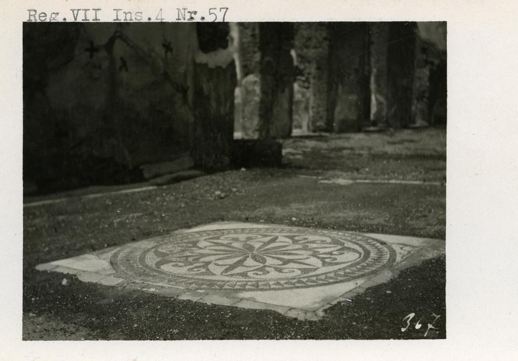 VII.4.57 Pompeii. Pre-1937-39. Looking north-west towards atrium, across central emblema in mosaic floor in tablinum.
Photo courtesy of American Academy in Rome, Photographic Archive. Warsher collection no. 367.