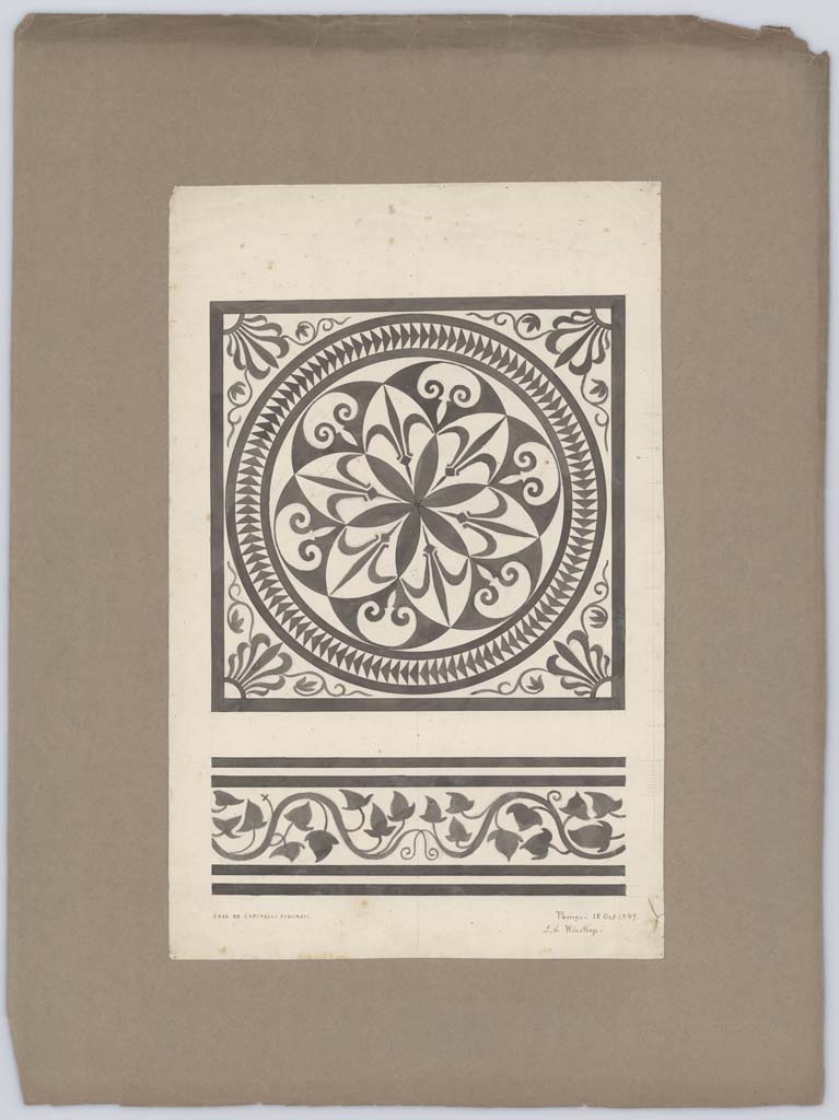 VII.4.57 Pompeii. 15th October 1849.
Drawing of mosaic in centre of tablinum, and from the threshold, by Laurits Albert Winstrup.
Photo © Danmarks Kunstbibliotek, inventory number ark_6112.