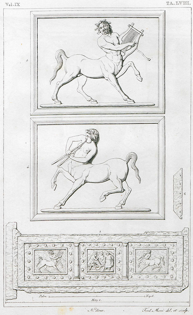 VII.4.57 Pompeii. 1833. Room 7, tablinum. Drawing by F. Mori of bronze chest cladding.
See Real Museo Borbonico Vol. IX, 1833, Tav. 58.
Avellino describes these as:
Fig. 1 (bottom). Existing parts of the external cladding of the main face of the bronze case, in the way that it was believed they should have been matched together,
Fig. 2 (right). Strip of bronze belonging to the lining of one of the sides.
Fig. 3 (top). Bronze bas-relief of the Centaur that adorned the wooden chest.
Fig. 4 (centre). Bronze bas-relief of the female Centaur which adorned the chest itself.
See Avellino, F. M. Descrizione di una Casa Pompejana Disotterrata in Pompeii nell’anno 1831, 1832, 1833 la terza alle spalle del tempio della Fortuna Augusta. Naples, 1837, Tav. V, p. 45, 46 et seq.
The two centaurs are now in Naples Archaeological Museum. Inventory numbers 72822, 72824.