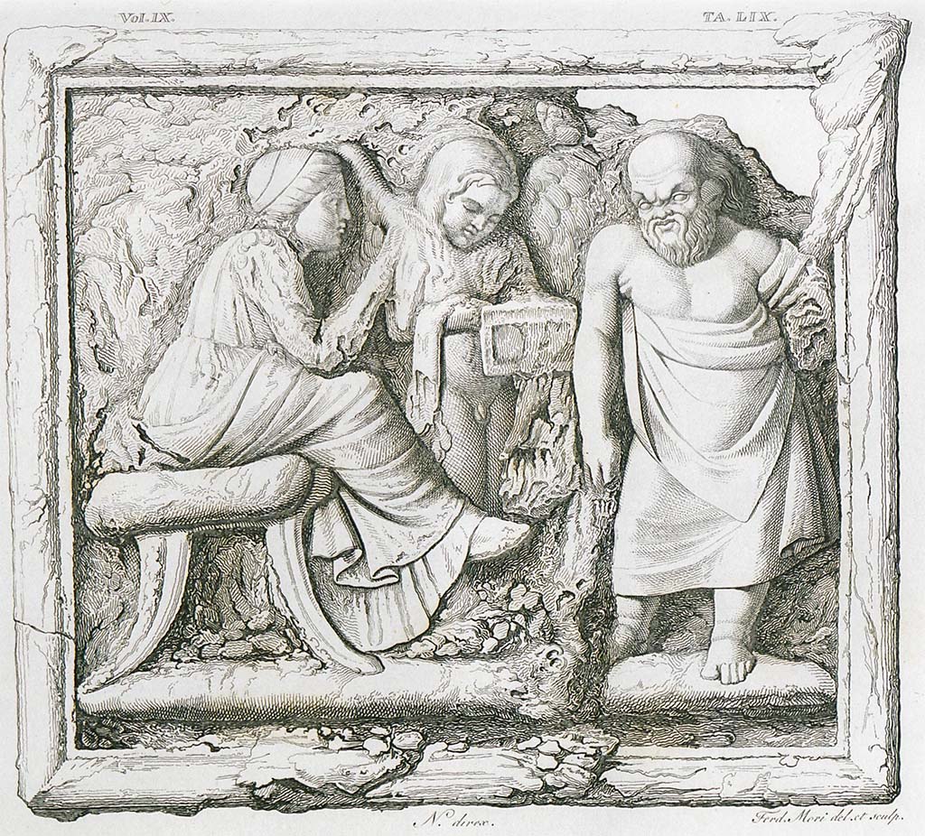 VII.4.57 Pompeii. 1833. Room 7, tablinum. Drawing by F. Mori of bronze plaque chest cladding.
Now in Naples Archaeological Museum. Inventory number 72823.
See Real Museo Borbonico Vol. IX, 1833, Tav. 59.
The bronze plaque worked in relief and applied to the wooden box showed in the centre Socrates, Diotima and Eros.
See Carratelli, G. P., 1990-2003. Pompei: Pitture e Mosaici. VII. (7). Roma: Istituto della enciclopedia italiana, (p.71)
See Avellino, F. M. Descrizione di una Casa Pompejana Disotterrata in Pompeii nell’anno 1831, 1832, 1833 la terza alle spalle del tempio della Fortuna Augusta. Naples, 1837, Tav. VI, p. 53.