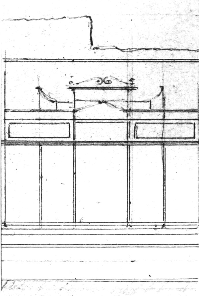VII.4.57 Pompeii. Room 9, west wall of ala showing the decoration, as drawn by Laurits Albert Winstrup.
Detail from photo © Danmarks Kunstbibliotek, inventory number ark_6186a.
See Carratelli, G. P., 1990-2003. Pompei: Pitture e Mosaici. VII. (7). Roma: Istituto della enciclopedia italiana, (p.81)
(PPM and Avellino – room p, tablinum, room o, west ala).
According to PPM –
“Mau described the ala as being decorated in the “candelabra style”, Mau W, p.378.
Today, not much remains of the colours – the zoccolo was red-violet, the predella showing coloured stripes of different widths.
The middle zone alternated with a yellow central panel and a red side panels, subdivided by narrow candelabra just 5cm wide and bordered at the edge of the wall, by green bands. The middle zone was separated from the upper zone by a coloured frieze similar to the predella with several parallel stripes; the dominant colour being blue and yellow; the stripes were separated by narrow black , red and white lines. No traces of colour remained in the upper zone.
See Carratelli, G. P., 1990-2003. Pompei: Pitture e Mosaici. VII, (7). Roma: Istituto della enciclopedia italiana, (p. 78).
(PPM and Avellino – room o, west ala).