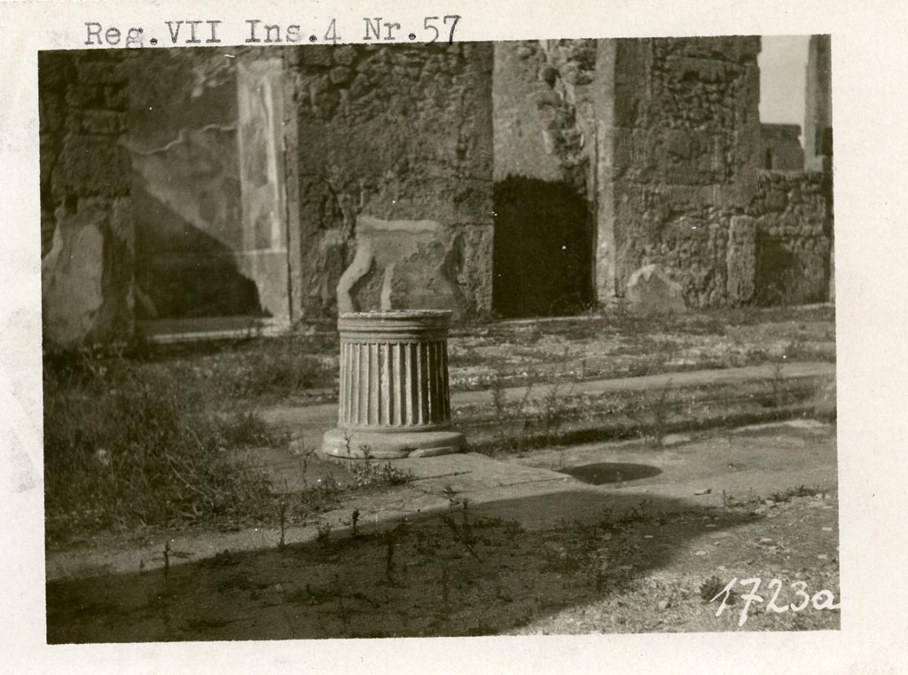 VII.4.57 Pompeii. Pre-1937-39.
Looking across impluvium in atrium towards doorways to rooms on west side of atrium. Room 10, on left, and room 11, on right.
Photo courtesy of American Academy in Rome, Photographic Archive. Warsher collection no. 1723.