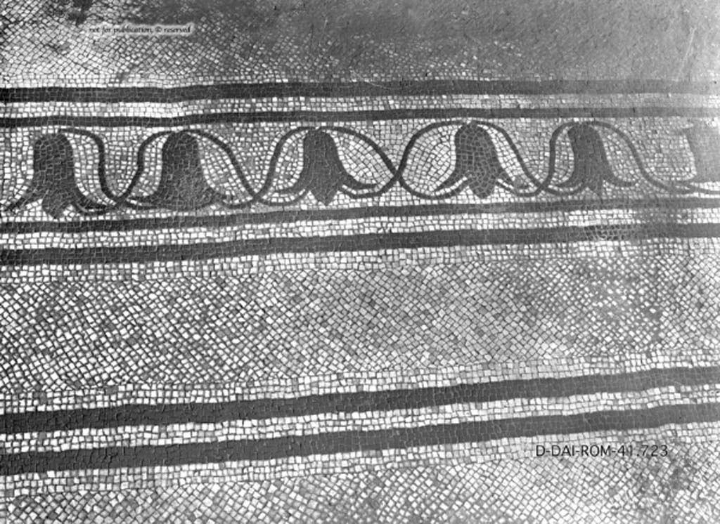 VII.4.57 Pompeii. c.1930. Room 10, mosaic flooring in cubiculum.
DAIR 41.723. Photo © Deutsches Archäologisches Institut, Abteilung Rom, Arkiv.
See Pernice, E. 1938. Pavimente und Figürliche Mosaiken: Die Hellenistische Kunst in Pompeji, Band VI. Berlin: de Gruyter, (tav. 38,4, above.)