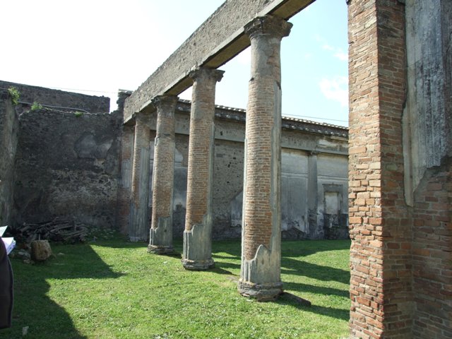 VII.4.57 Pompeii. March 2009. Site of Room 18, looking north-east into room 17. According to Jashemski, and Della Corte, at the time of the eruption the peristyle had been converted into an officina textrinum, or weaver’s workshop. Inscribed graffiti indicate the location of 3 looms under the portico, and record the names of the three servants or male weavers who attended them. According to Della Corte, their names were –
Texe(ntis) Erati locus (CIL IV 1570, 1571)
Tiburtinus (sic) locus (CIL IV 1569)
Crescentis locus (CIL IV 1572)
See Jashemski, W. F., 1993. The Gardens of Pompeii, Volume II: Appendices. New York: Caratzas. (p.181)
See Della Corte, M., 1965. Case ed Abitanti di Pompei. Napoli: Fausto Fiorentino. (p.124)
According to Epigraphik-Datenbank Clauss/Slaby (See www.manfredclauss.de), these read -
Tiburtinus locus (CIL IV 1569)
Texe(ntis) (CIL IV 1570
Erati locus (CIL IV 1571)
Crescentis locus (CIL IV 1572)