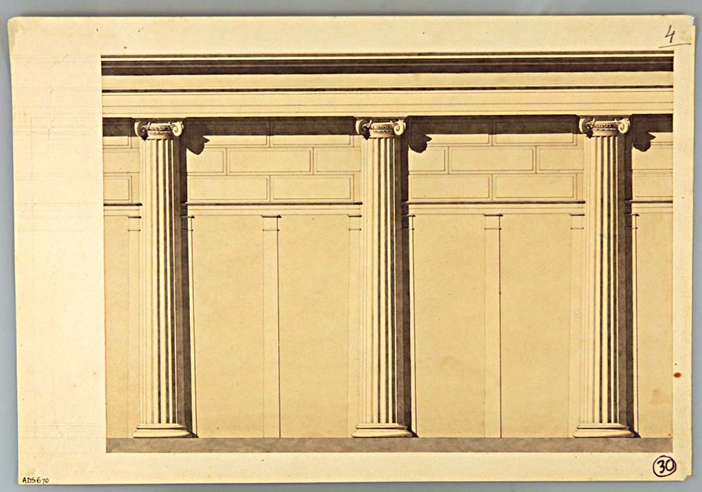 VII.4.57 Pompeii. Anonymous drawing of First Style stucco facings on the peristyle wall.
Now in Naples Archaeological Museum. Inventory number ADS 670.
Photo © ICCD. http://www.catalogo.beniculturali.it
Utilizzabili alle condizioni della licenza Attribuzione - Non commerciale - Condividi allo stesso modo 2.5 Italia (CC BY-NC-SA 2.5 IT)