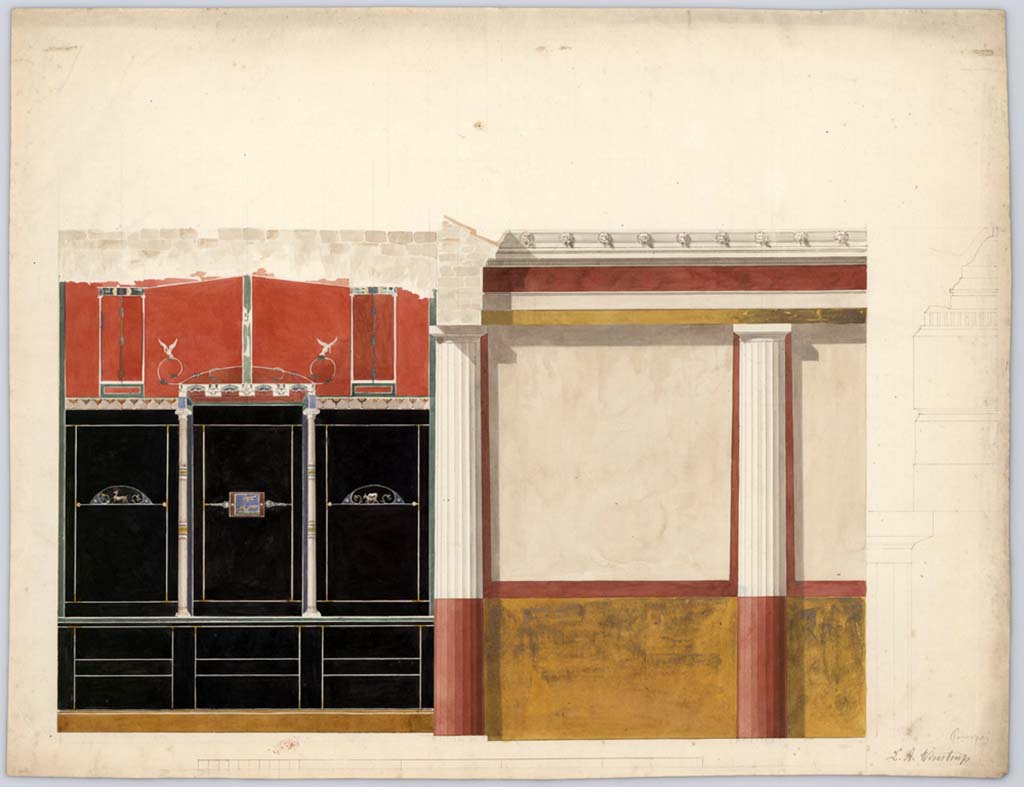 VII.4.59 Pompeii. 1849. Painting by Laurits Albert Winstrup, showing east wall of peristyle.
Photo © Danmarks Kunstbibliotek, inventory number ark_6194.