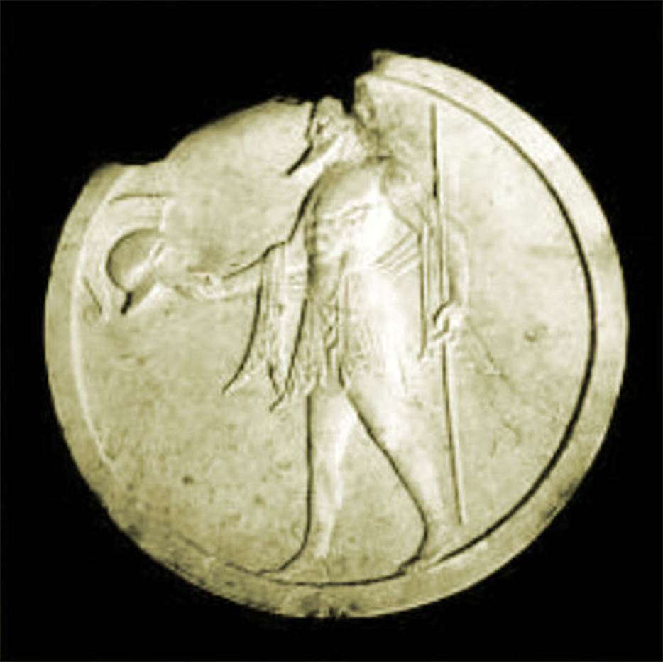 VII.4.59 Pompeii. Peristyle o, double sided oscillum (side B) with warrior with Corinthian helmet and lance.
Now in Naples Archaeological Museum. Inventory number 6552.