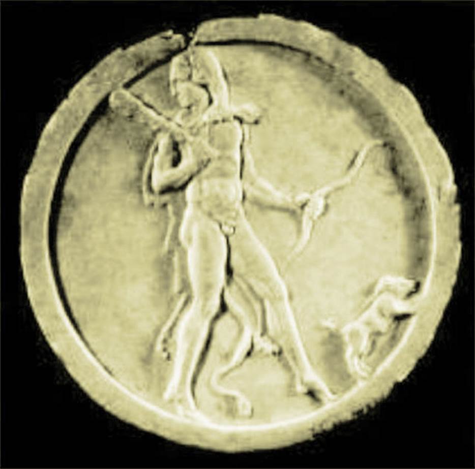 VII.4.59 Pompeii. Peristyle o, double sided oscillum (side A) with Hercules.
Now in Naples Archaeological Museum. Inventory number 6647.