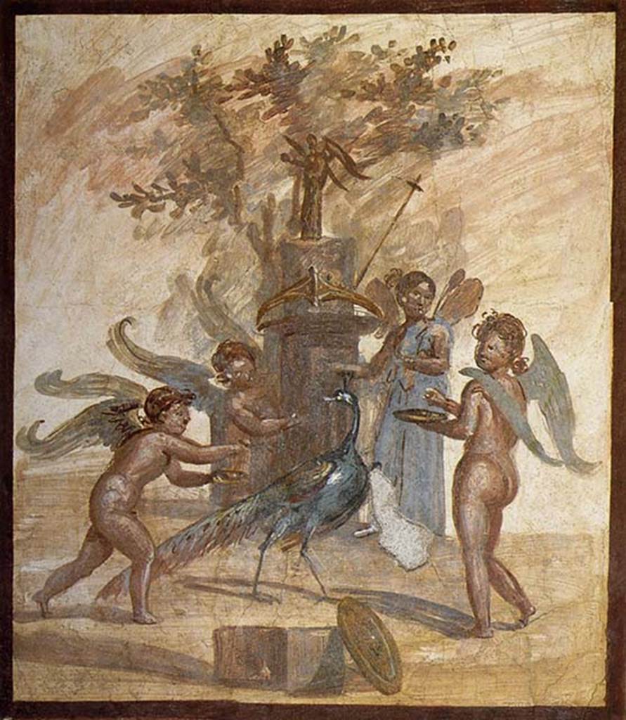 VII.4.59 Pompeii.Oecus or triclinium y, south wall. Painting of Cupids and Psyche making sacrifices to Hera. Now in Naples Archaeological Museum. Inventory number 20879. See Bragantini, de Vos, Badoni, 1986. Pitture e Pavimenti di Pompei, Parte 3. Rome: ICCD, p. 148.